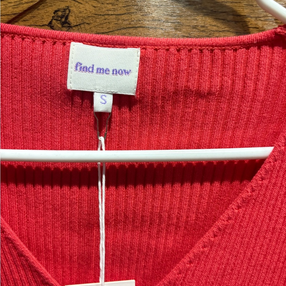 V-Neck Ruffle Trim Ribbed Cardigan - Coral Red - Picture 4 of 8
